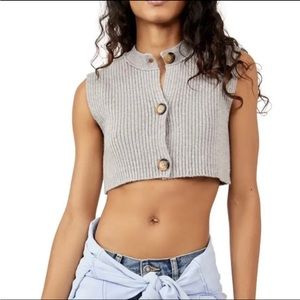 Free People Gray Ribbed Cropped Button Tank